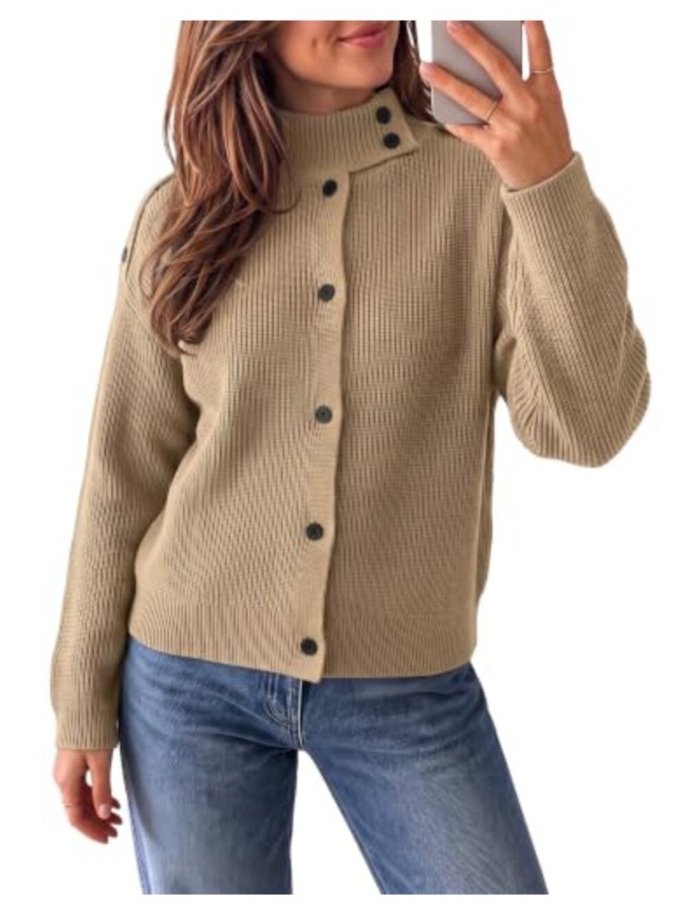 Cable Knit Turtleneck Button Cardigan Long Sleeve Open Front Sweater